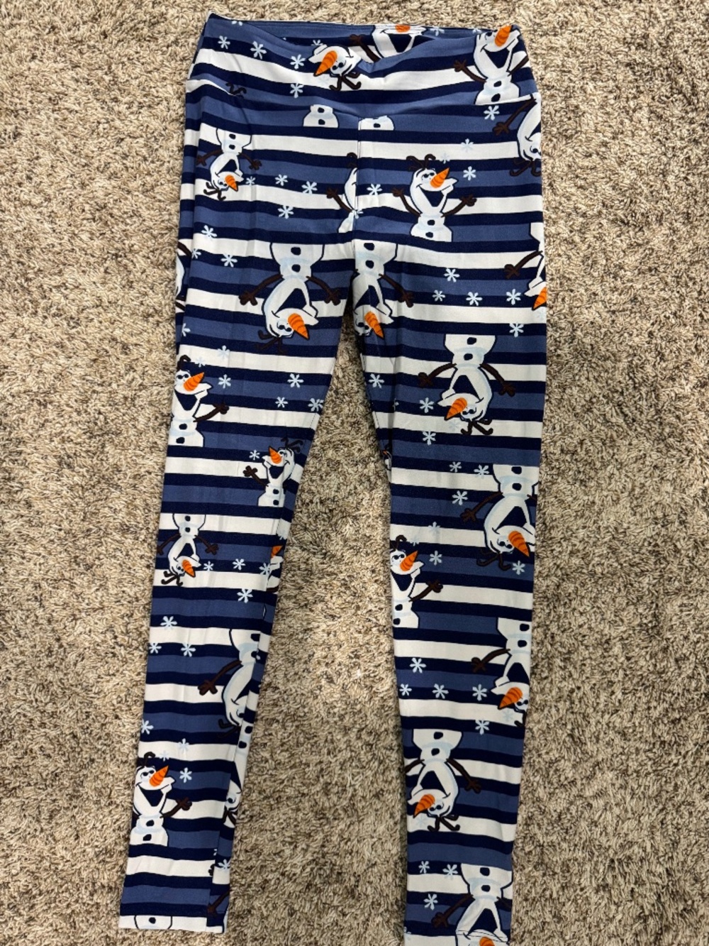 LuLaRoe Disney's Olaf leggings blue/white/orange/brown striped size OS fits 2-10